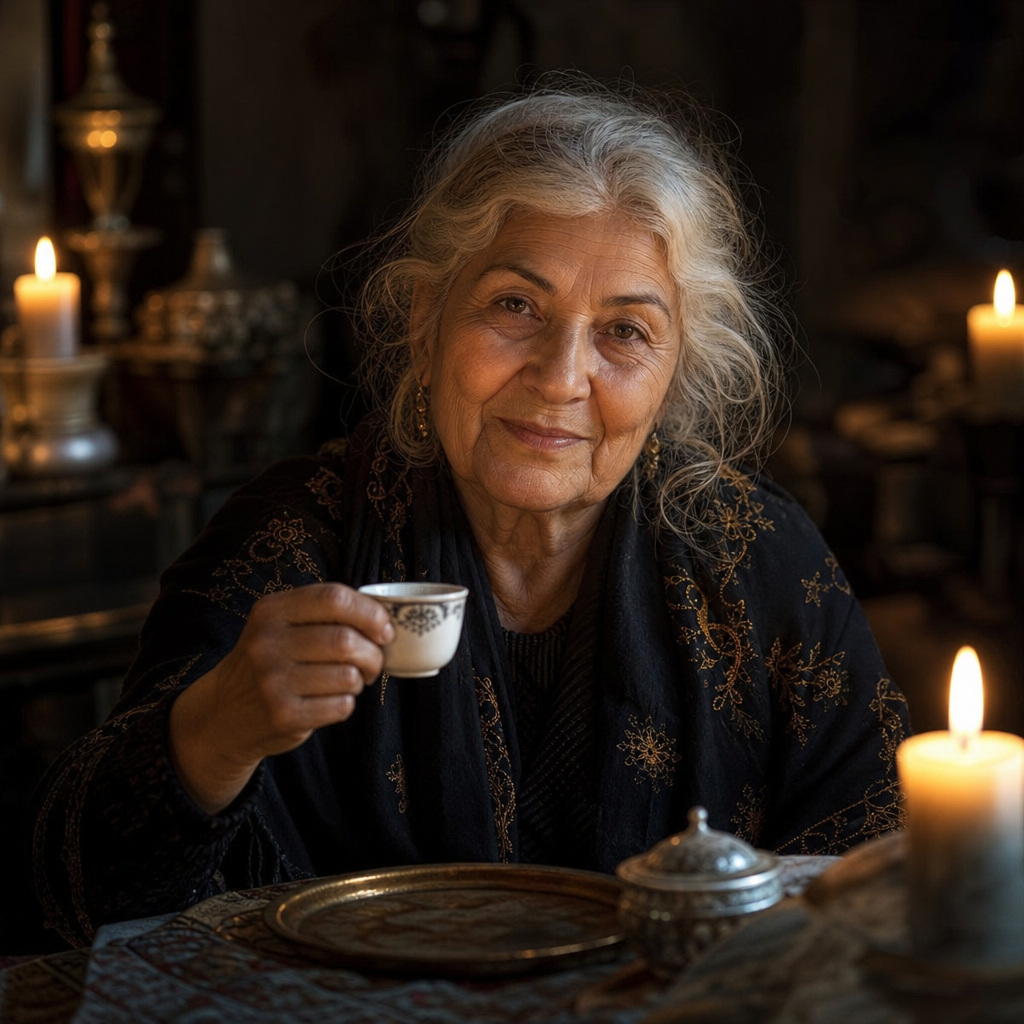 Zara, the fortune teller, reading a Turkish coffee cup